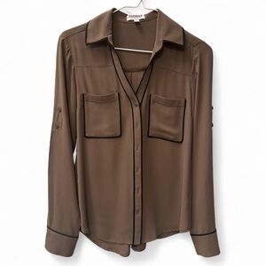 brown Express blouse button down shirt with black trim slim fit